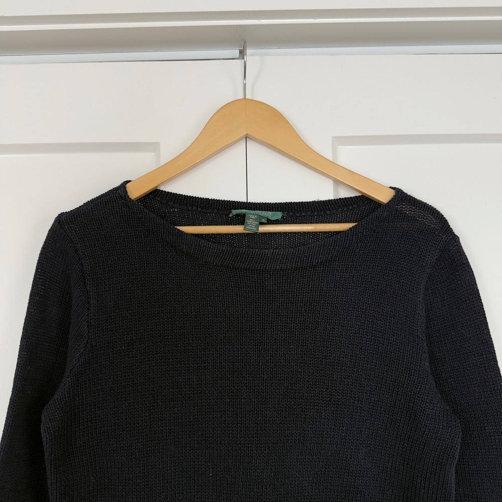 Womens Lauren Ralph Lauren Cotton Knit Sweater Medium Navy Blue Boat Neck Top